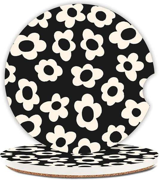 Absorbent Car Coasters 2 Pack for Cup Holders, 2.56" Ceramic Stone & Non-Scratch Cork Base Drink Coasters(White Flower)