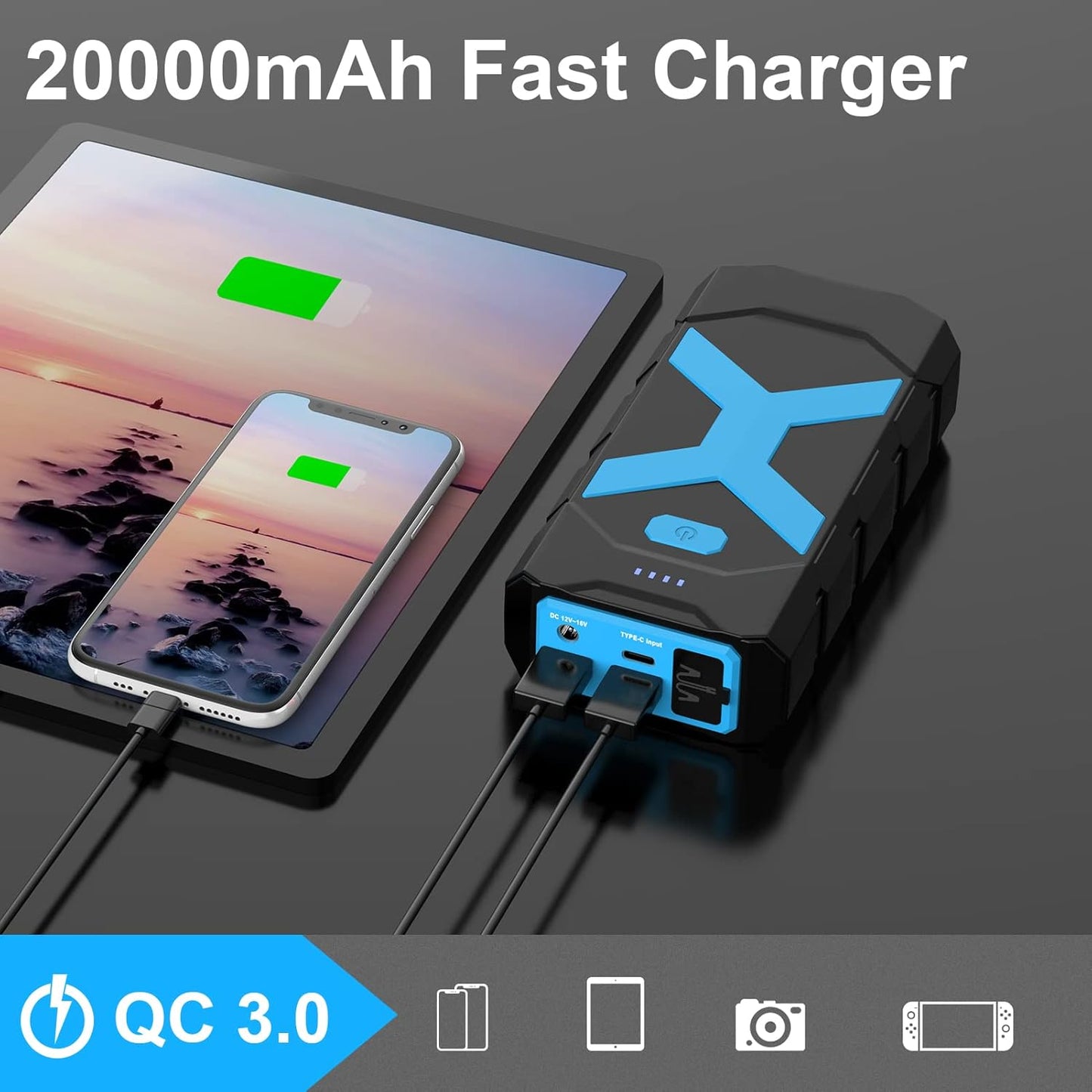 2000A Car Battery Jump Starter, 12V Car Jumper Starter Portable for 8.0L Gas & 6.5L Diesel, 20000mAh Battery Backup with USB QC 3.0 LED Light SOS for Emergency Use