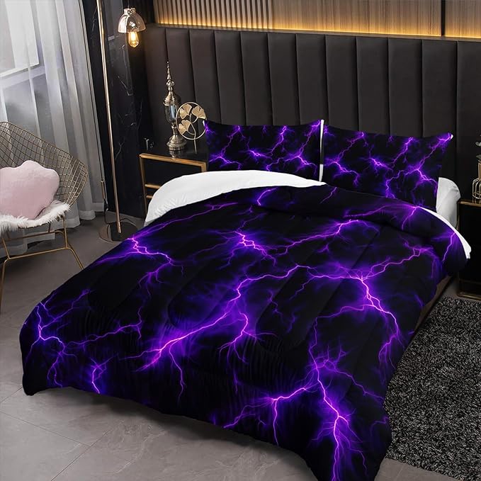 Violet Lightning Comforter Set Queen Thunder Bedding Sets 3PCS for Kids Teen Adult Violet Room Decor Ultra-Soft Lightweight Microfiber 1 Comforter with 2 Pillowcases