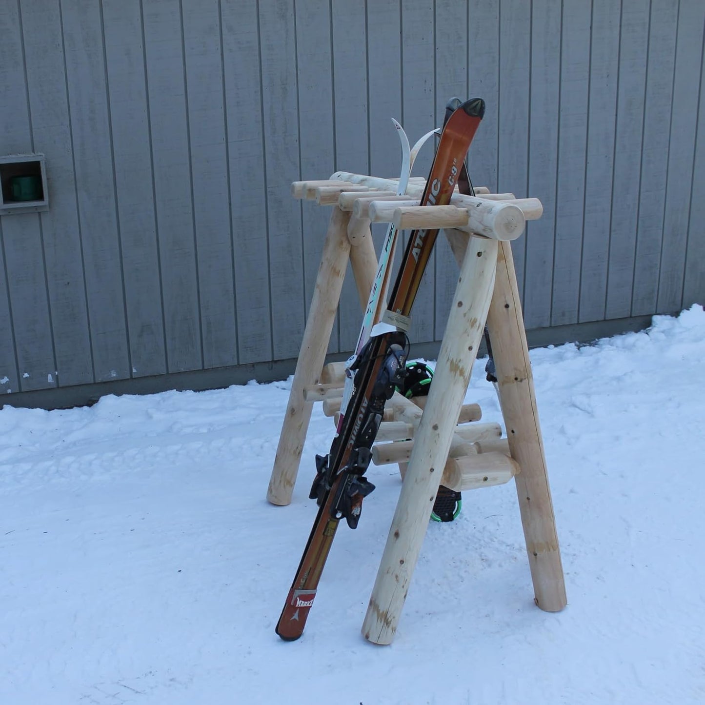 13-Place Freestanding Log Ski Rack Holder, Indoor & Outdoor Snowboard Racks, Standing Storage, Garage Racks for Snow Skis & Poles, Durable Snowboard Rack Garage Storage Organizer - Natural