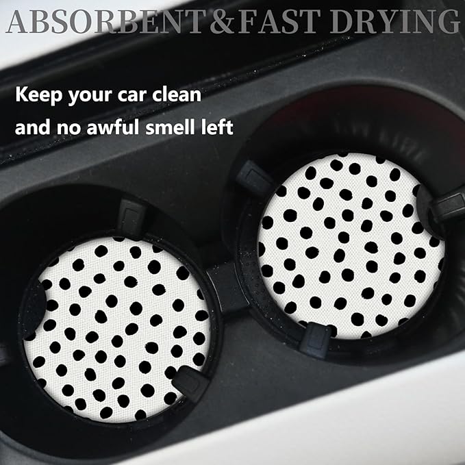 Car Coasters for Cup Holders,Cute Car Accessories for Women Interior,Cute Auto Accessories Gifts Cute Black Polka Dot,Pack of 2 2.75inch Drink Cup Car Holder Coasters with A Finger Notch