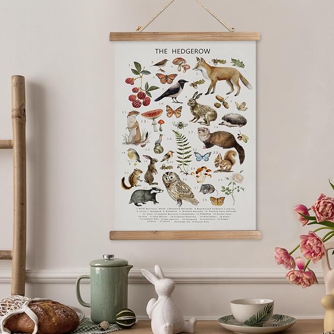 XIAOAIKA British Hedgerow Wildlife Educational Poster - Illustrated Nature Chart with Wooden Frame - Countryside Animals and Plants Wall Art for Home, School, or Nature Reserve Decor 20 x 30 Inches