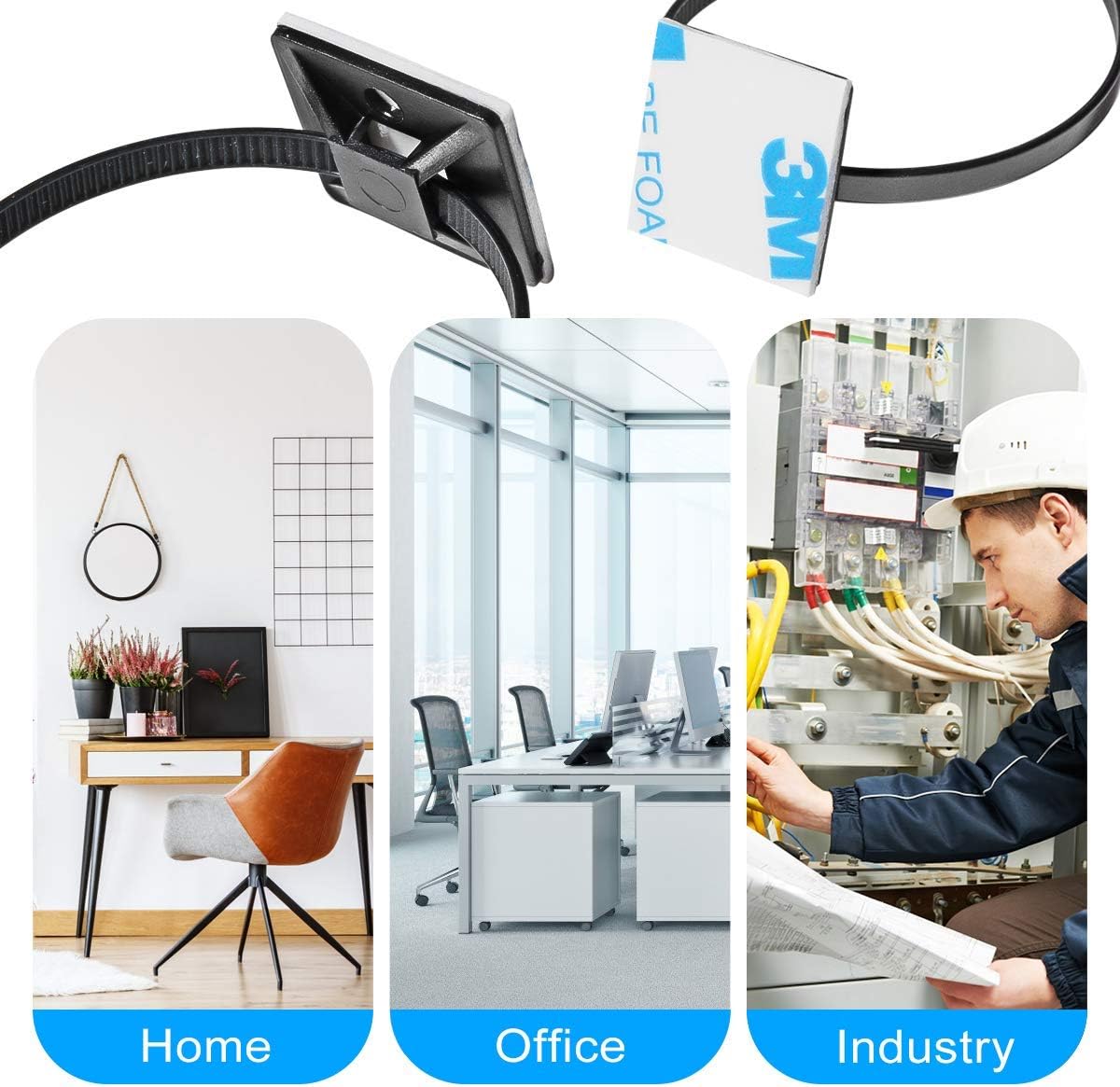 200pcs 3/4" 3M Back-Glue Self Adhesive Black Strong Cable Zip Tie Mounts with 8" Ties, Screws, UV Protection Outdoor Sticky Wire Fasteners Cable Clips Management Anchors Organizer Holders Squares