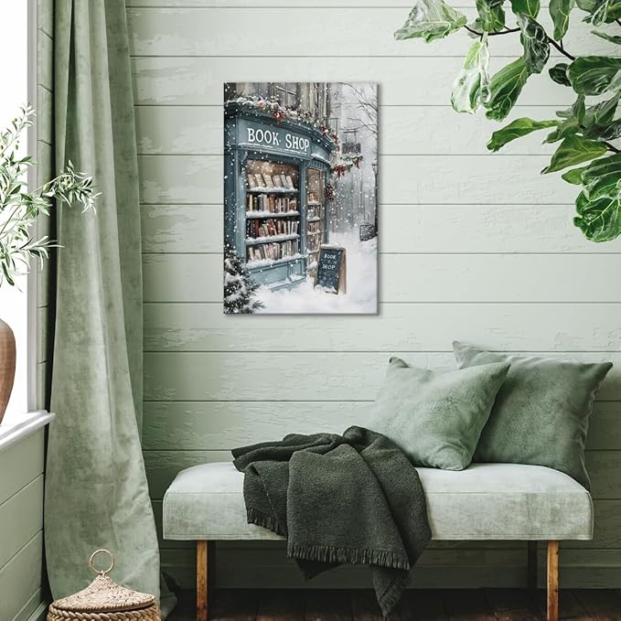 Vintage Christmas wall art Winter Book Shop Poster Print Book Lovers Gift Reading wall art Bookshop Wall Decor Winter Landscape Painting Room decor Aesthetic Framed8x12inch