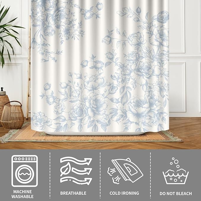 Vintage Chinoiserie Flowers Shower Curtain 72x72in Set with Hooks,Light Blue Porcelain Floral Leaves Asian Oriental Art Polyester Fabric Bathtub Bathroom Decor Bath Curtains