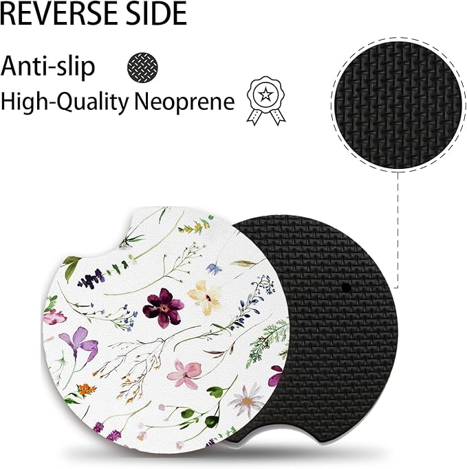 Wildflowers Universal Auto Anti Slip Insert Coasters, 2 Pack Rubber Car Coasters with A Finger Notch