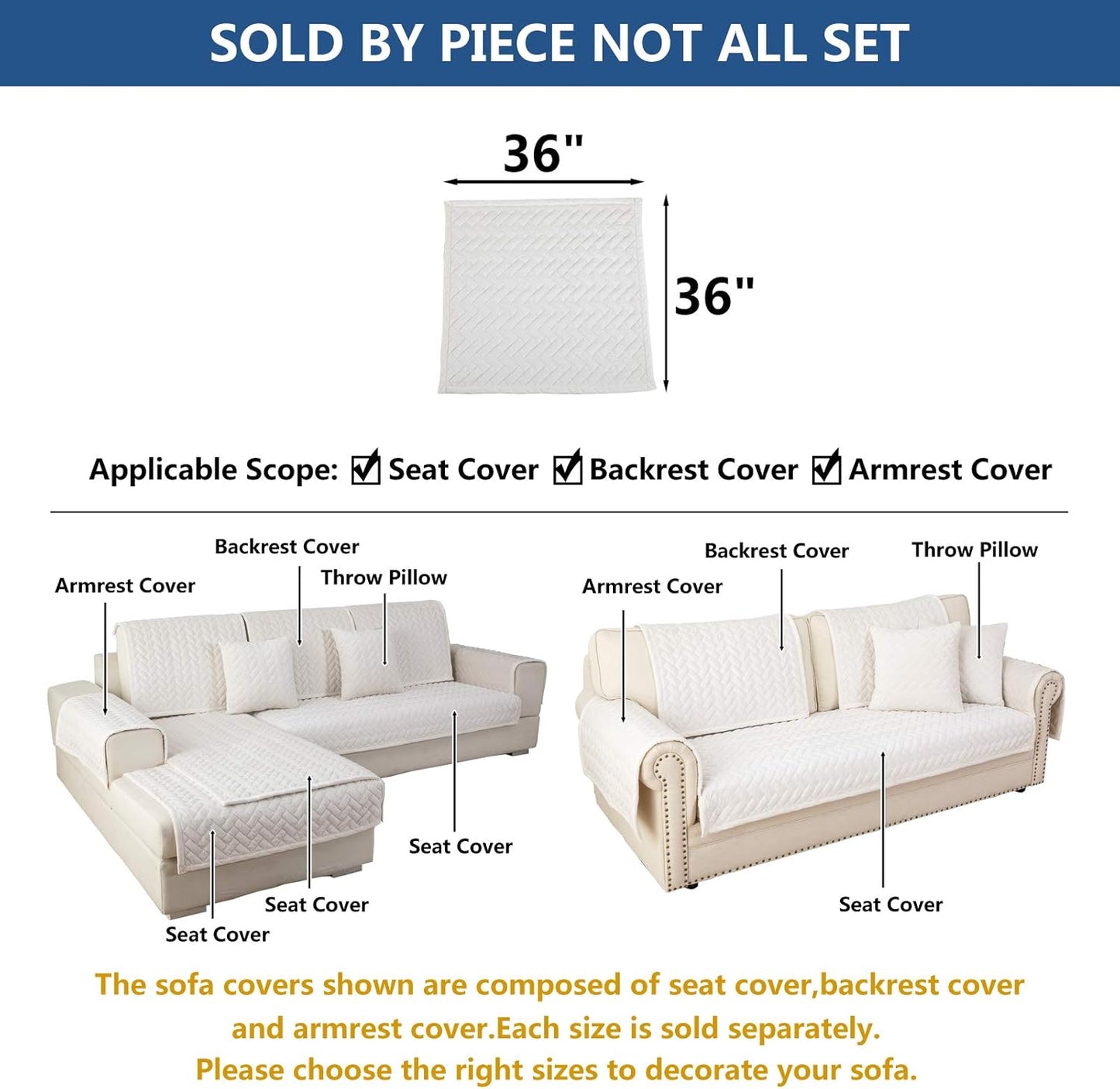 Eismodra Couch Cover,Sectional Couch Covers,Sofa Covers for 3 Cushion Couch,Anti-Slip Sofa Slipcovers for Dogs Cats Kids Loveseat Recliner L Shaped Armrest Backrest,White 36''x36''(Only 1 Piece)