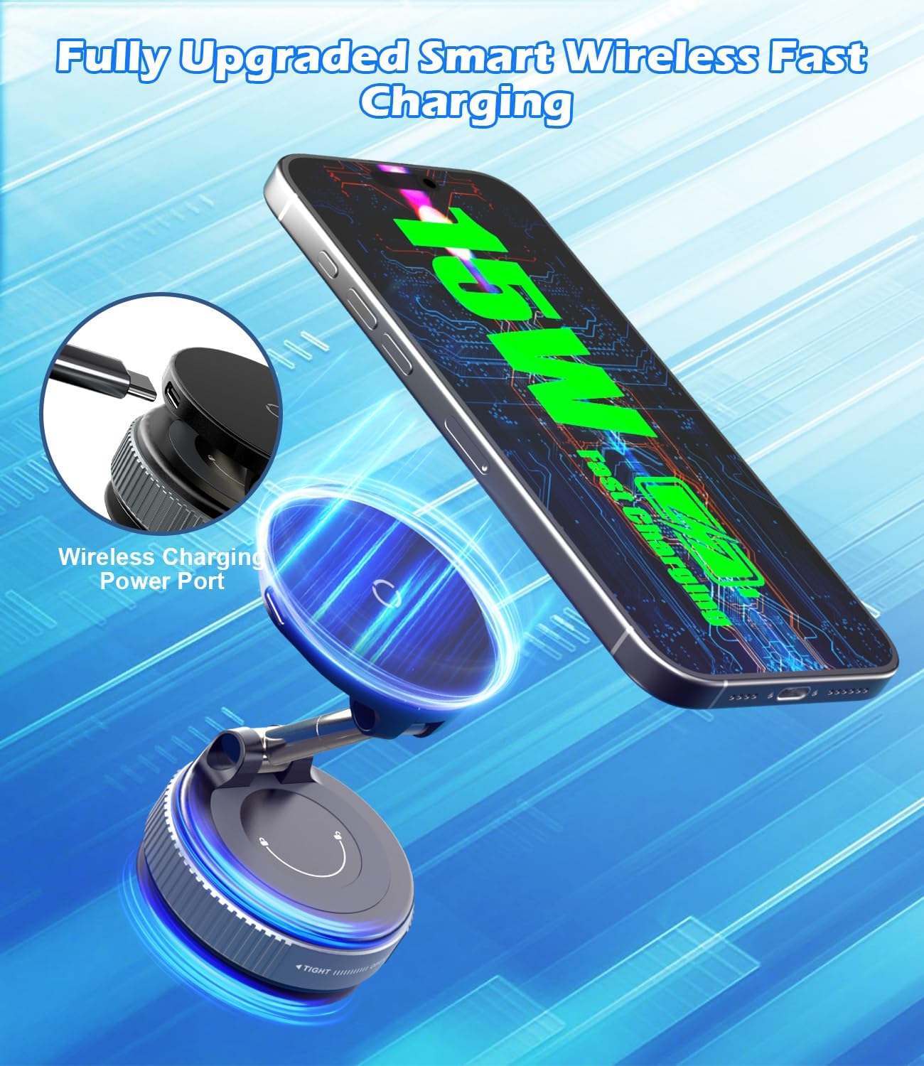 15W Wireless Charger Magnetic Car Phone Holder [Vacuum Suction Cup] 360° Adjustable & Foldable Car Mount for Dashboard/Windshield/Smooth Surface [Compatible with MagSafe] for iPhone/Samsung