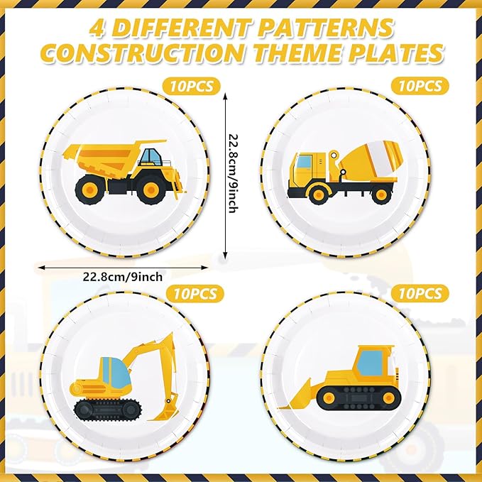 Whaline 40Pcs Construction Birthday Party Paper Plates Dump Truck Disposable Plates 4 Designs Tableware for Boys Kids Birthday Party Supplies Table Decor, 9 in