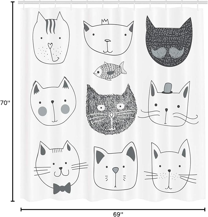 Ambesonne Cat Shower Curtain, Pets Moustache Bow Tie Hat Crown Fluffy and Fish Humor Faces Graphic, Cloth Fabric Bathroom Decor Set with Hooks, 69" W x 70" L, Taupe Grey