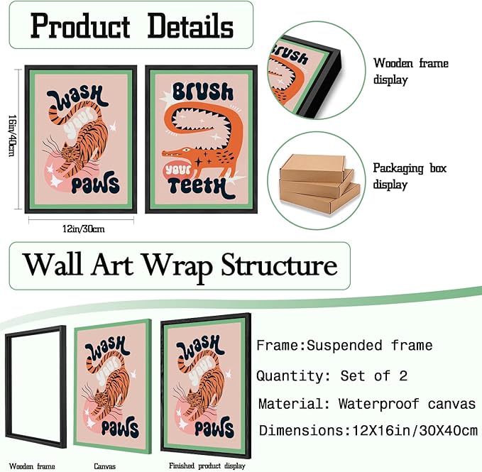 YFvrPt Funny Bathroom Animal Wall Art Tiger Wash Your Paws Bathroom Wall Decor Cute Eclectic Sign Canvas Poster Prints Maximalist Toilet Pictures 12x16 inch Black Framed