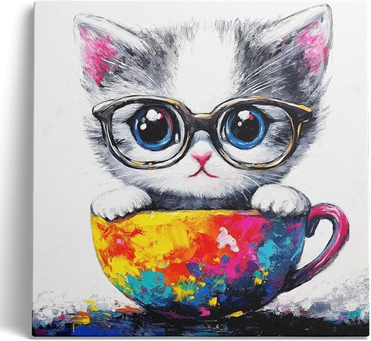 Ypxzzj Cute Kitten in a Teacup Canvas Wall Art, Animal Cat Picture Prints Wall Art, Cute Animal Cat with Glasses Wall Art Poster for Livingroom Bedroom Nursery Room Home Decor Framed Ready to Hang
