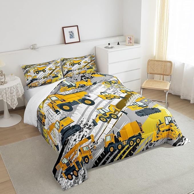Boys Construction Comforter Set Truck Bedroom Decor for Kids Girls Under Construction Vehicles Down Comforter Nursery Children Cartoon Machinery Truck Excavator Bedding Tractor Cars Duvet Quilt,Twin