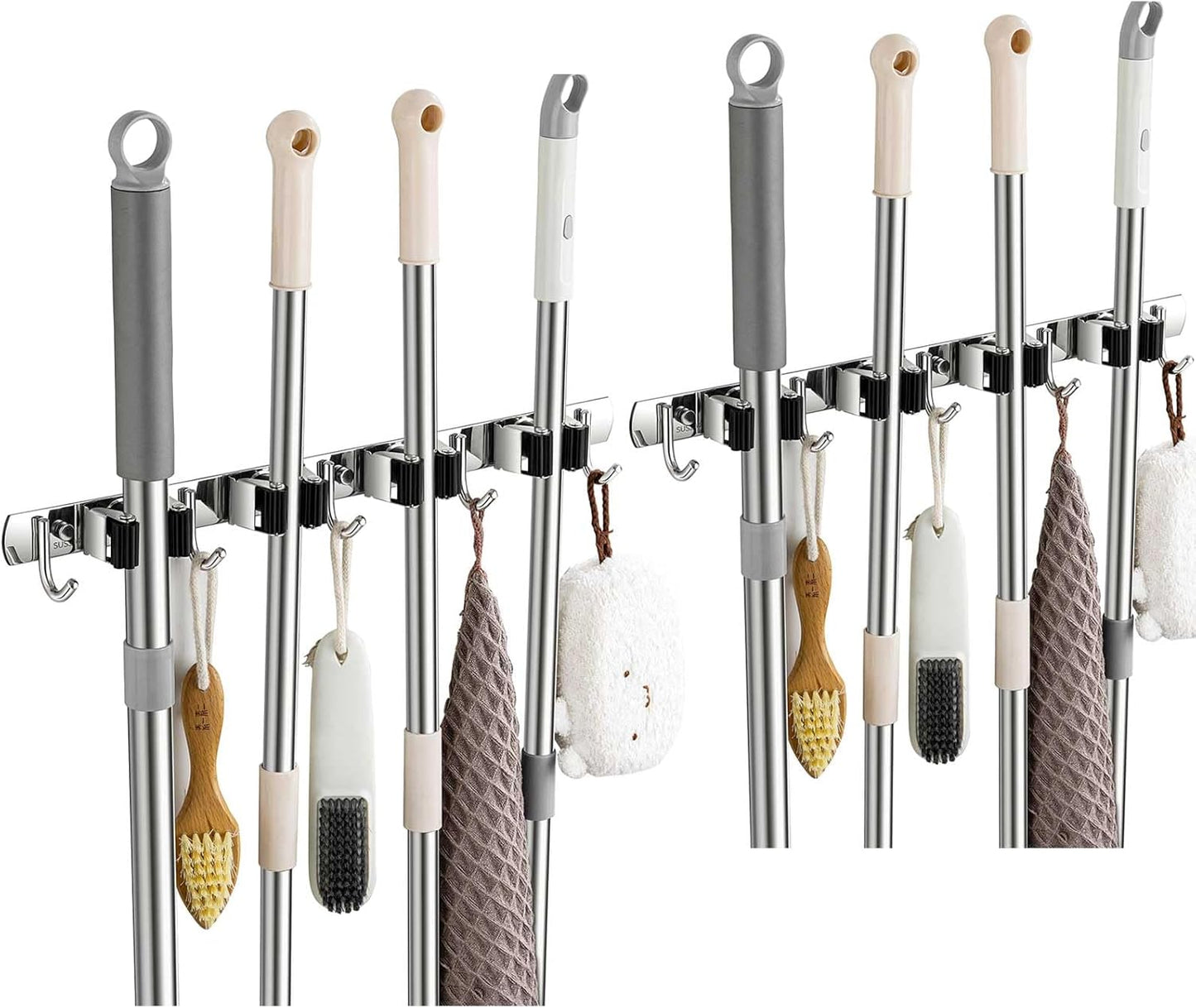 2 Pack Broom Holder Wall Mount, Stainless Steel Broom Hanger Wall Mount, Heavy Duty Mop and Broom Holder Tool Racks Utility Hooks for Laundry Room Garden Garage, Black (4 Racks and 5 Hooks)