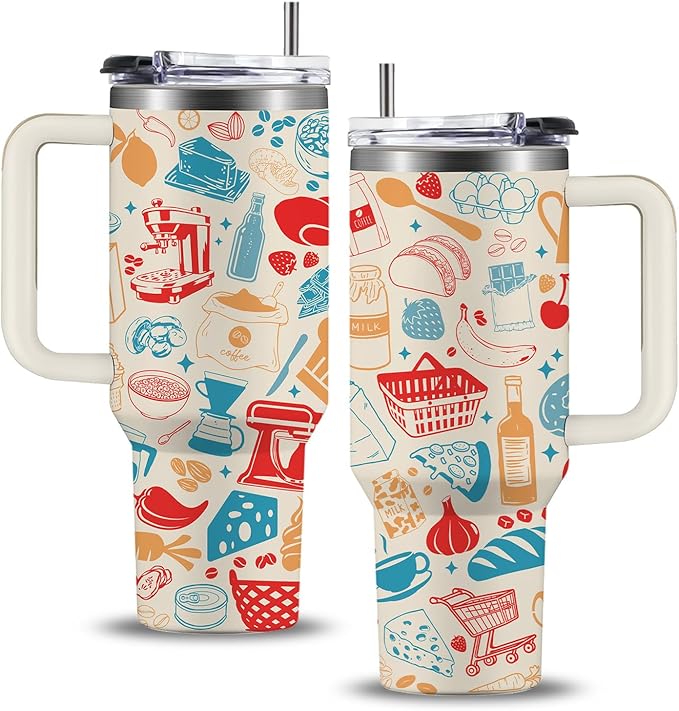 Western Food Tumbler 40oz, Funny Doodle Western Food Art Style Gifts for Women Girls, Abstract Retro Bread Design Gift for Her on Christmas Birthday Mothers Day, Foodie Gifts