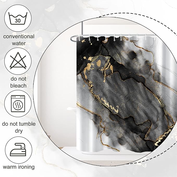 AWERT Dreamy Ink Art Black Glod Marble Shower Curtain for Bathroom Modern High Definition Printing Waterproof Shower Curtain with Hooks Bathroom Decor 60x72inch
