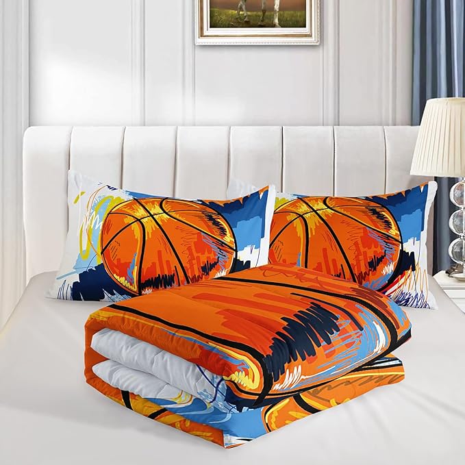 BSNTHO Basketball Comforter Set Boys Sports Bedding Set Twin Size for Kids Teens Hand Drawn Graffiti Style Comforter Design 3 Piece with 1 Comforter 2 Pillowcases
