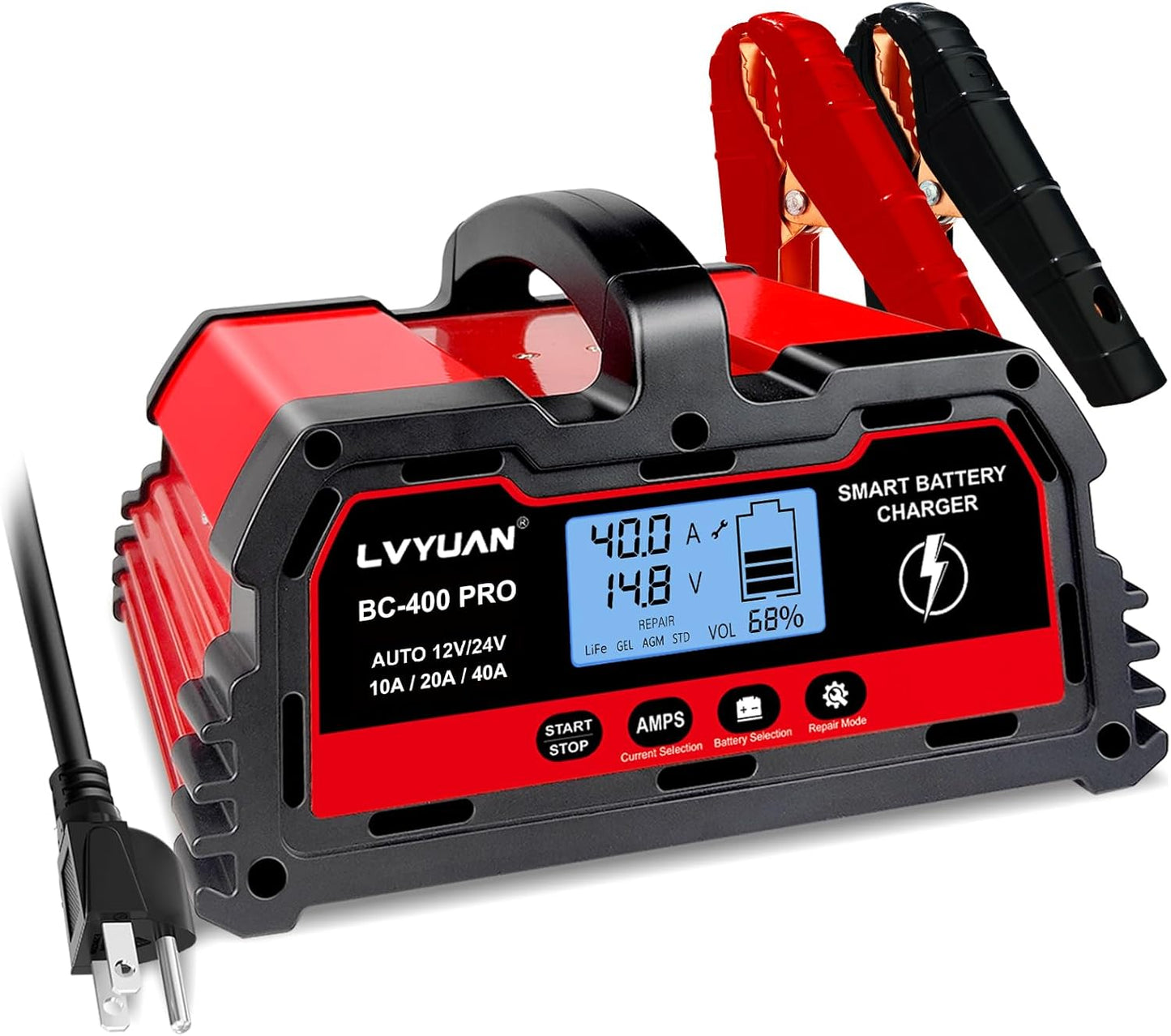 LVYUAN 40Amp Smart Car Battery Charger, 12V/24V Automotive Charger, Lead-Acid Battery, LiFePO4 Battery Maintainer with LCD Display, Trickle Charger, for Lawn Mower, Motorcycle, AGM, STD, Gel, EFB,etc