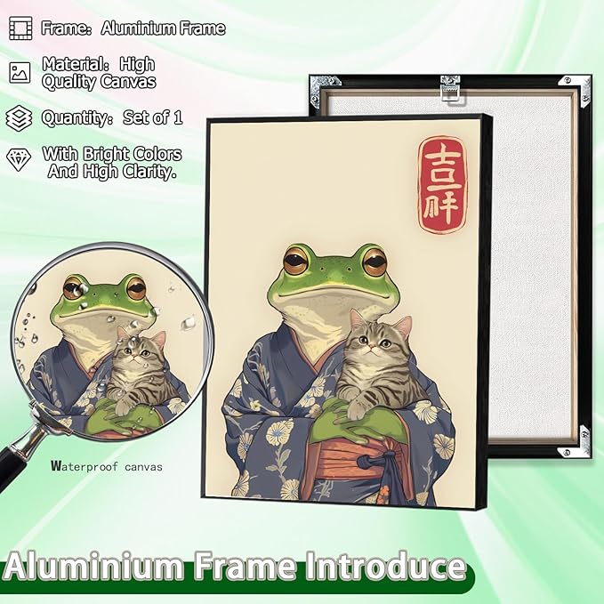 Vintage Japanese Frog & Cat Poster,Funny Anime-Inspired Kimono Frog Wall Art,Aesthetic Japanese Home Décor,Cute Print for Bedroom, Living Room Or Bathroom 16x24 in Aluminum Framed