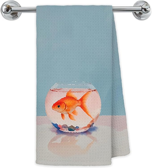 Watercolor Goldfish Tank Kitchen Towels, Fish Lover Gifts Hand Towels for Bathroom Kitchen, Coastal Beach Ocean Goldfish Decorative Dish Towels Drying Cloth, 16x24 Inch