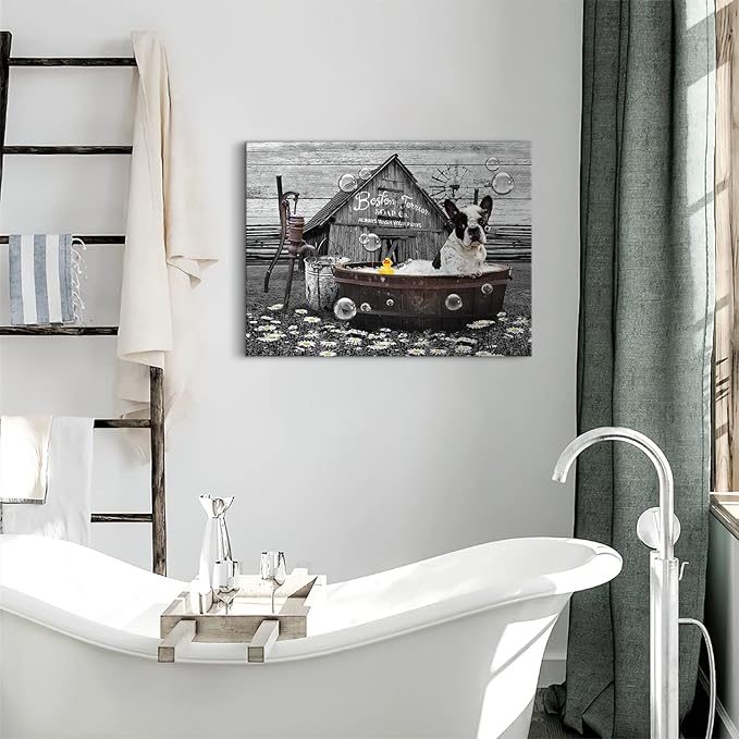 Boston Terrier in Bathtub Wall Art Funny Dog Pictures Wall Decor Farmhouse Bathroom Decor Painting for Bathroom Prints Black and White Artwork Framed 12"x16"