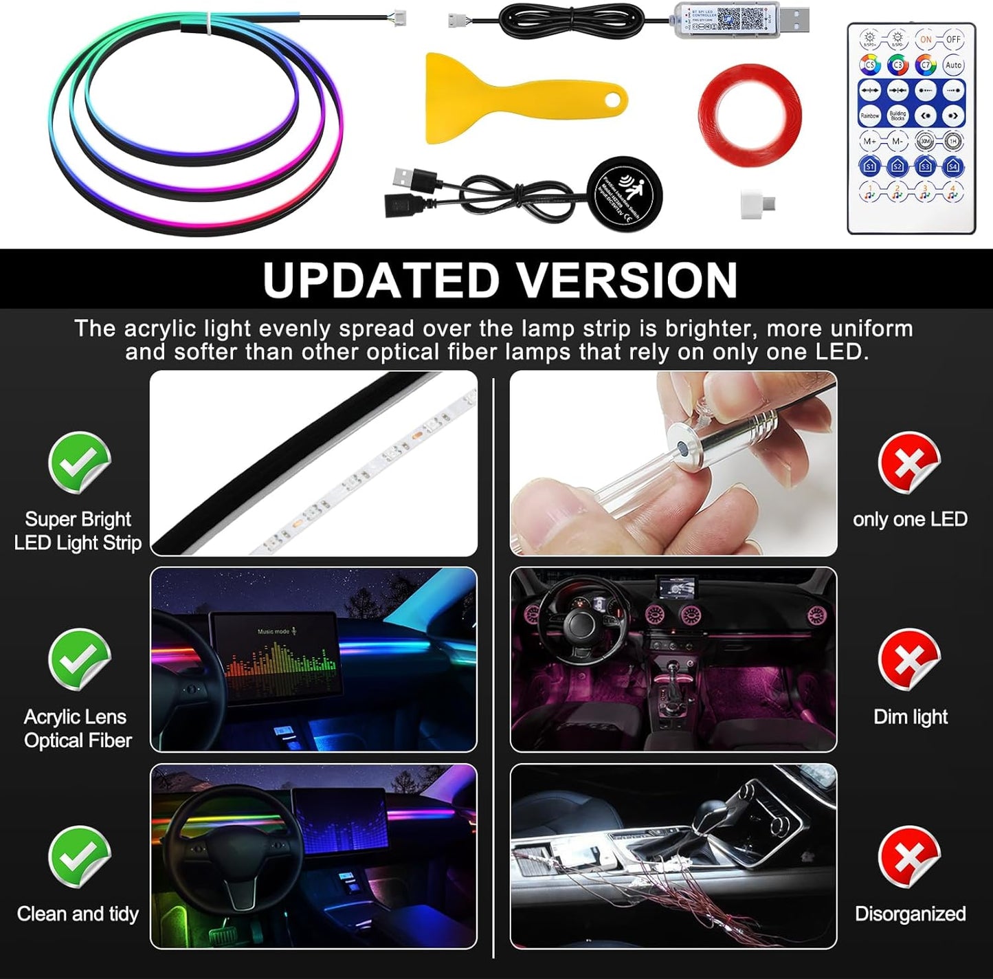 Dream+Color Acrylic Interior Car LED Strip Light with Motion Sensor Switch, 55.1 inches Neon LED Strip Light, RGB Colors Ambient Lighting Kits