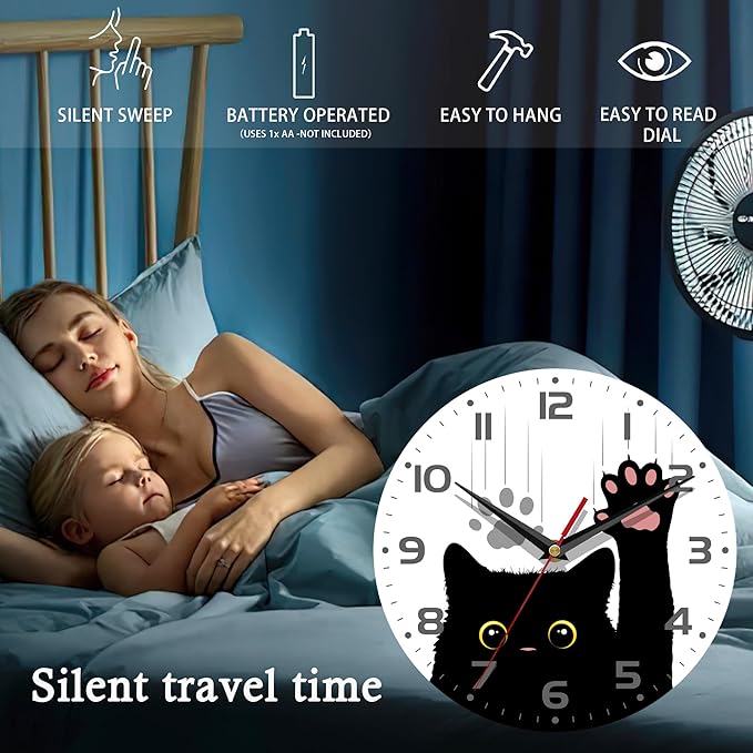 Wall Clock, 10 Inch Silent Non-Ticking Home Kitchen Decor, Battery Operated for Bathroom Bedroom Living Room Office(Cute Black Cats Paws)
