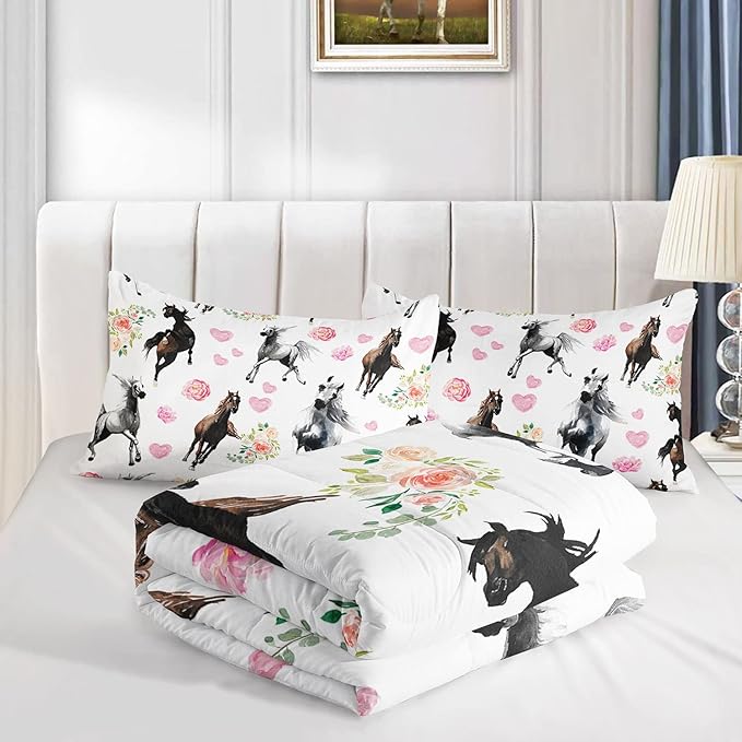 Watercolor Horse Comforter Bedding Set for Boys Girls Kids Teens,Watercolor Painting Horse and Rose Print,Light Color Comforter with 2 Pillowcases(Horse Floral Queen)