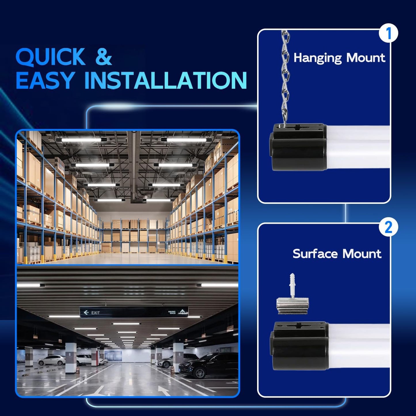 hykolity 10 Pack 4FT Linkable LED Shop Light for Garage, 6500lm, 4FT 60W Utility Light Fixture, 5000K Daylight LED Workbench Light with Plug, Hanging or Surface Mount, Black - ETL