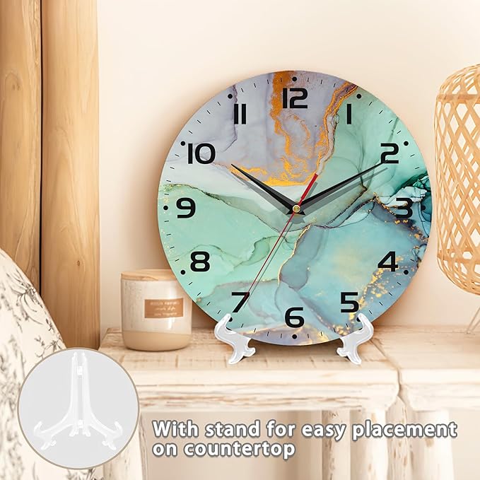 Watercolor Abstract Painting Marble Wall Clock Vintage Wooden Wall Clock Silent Non-Ticking Battery Operated Arabic Numerals Wall Clocks Decorative for Kitchen, Office, Classroom 10 Inch