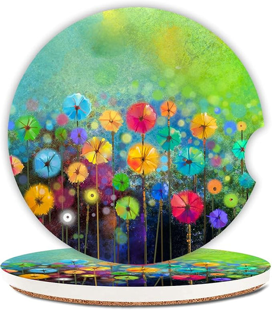 Watercolor Nature Landscape Floral Absorbent Car Coasters,Cute Decorative Ceramic Cup Holders Coasters with a Finger Notch for Women Men 2.56"(2 Pieces)