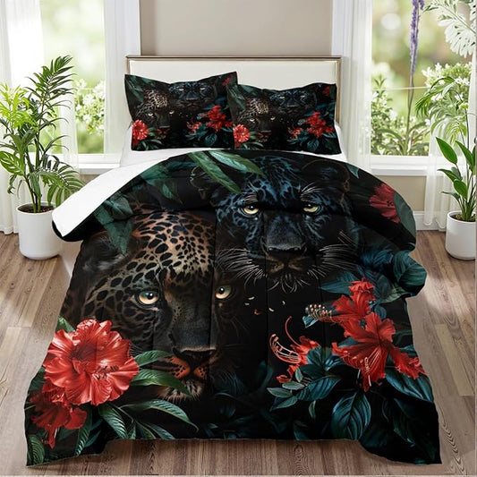 Black Cheetah Comforter Set Twin Tropical Jungle Leopard Bedding Set Wild Animal Bedding Green Leaves Red Floral Comforters Ultra Soft Down Alternative Comforter Sets for Boys Girls Teens