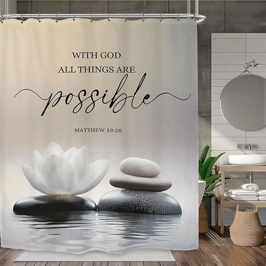 Zen Lotus Spa Shower Curtain 60Wx72L Inch Ink Quotes Meditation Inspirational Motivational Bible Bathroom Set Accessories Decor with 12 Pack Hooks
