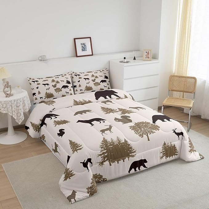 Bear Comforter Set Twin for Kids Boys Girls,Rustic Elk Moose Squirrel Wolf Printed Bedding Set,Animal Silhouette Farmhouse Quilt for Lodge Cabin,Grey Woodland Wildlife Duvet Insert with 1 Pillowcase