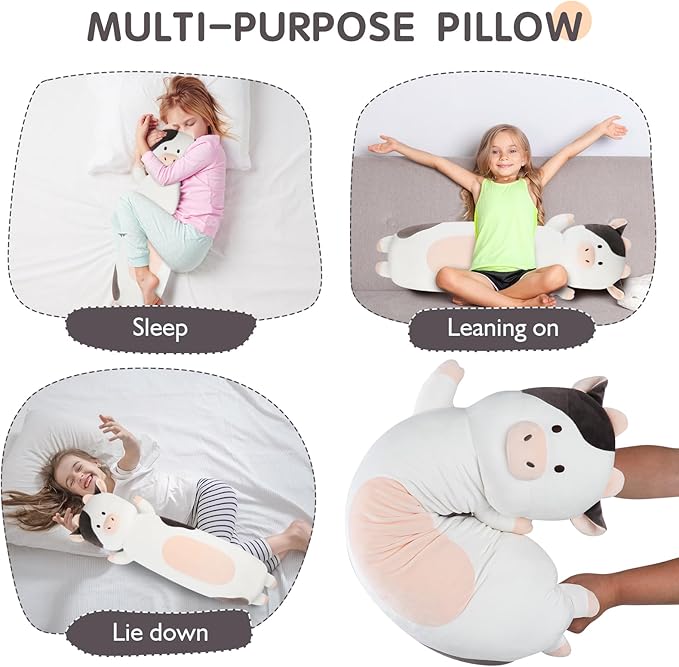 22 inch Milk Cow Stuffed Animal, Soft Long Pillow Doll Cute Cows Plush Hugging Pillow Plushies Toy Gift for Kids, Boys Birthday,Valentine, White