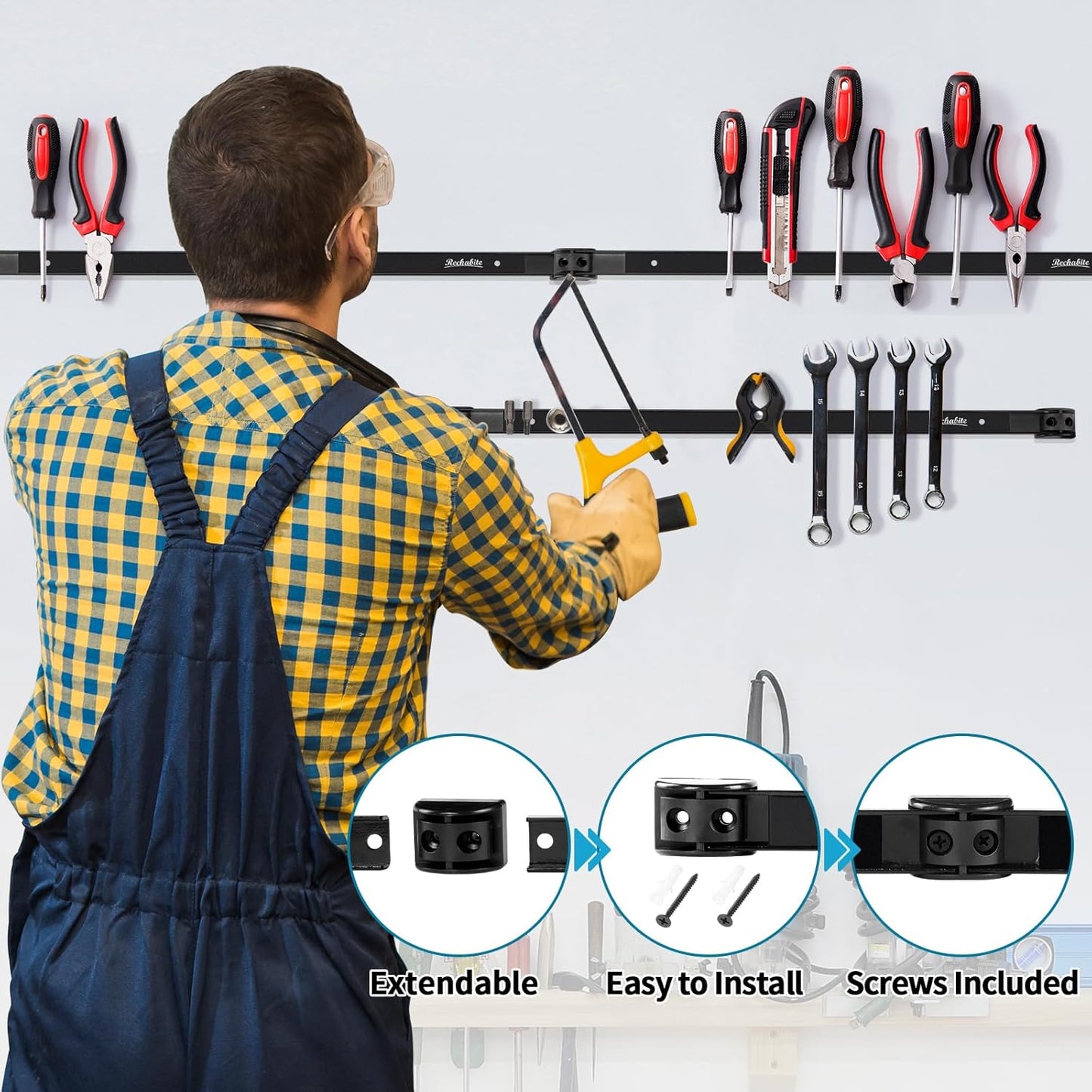 12" 18" 24" Magnetic Tool Holder Strip, Black Magnet Bar, Metal Tool Organizer Rack for Garage Organization, Easy To Install in Workshop, Mounting Screws Included