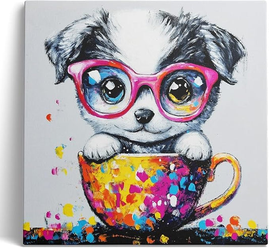 Ypxzzj Graffiti Cute Puppy in a Teacup Canvas Wall Art, Animal Dog Picture Prints Wall Art, Cute Animal Poster Cat with Glasses Wall Art for Livingroom Bedroom Nursery Room Framed Ready to Hang