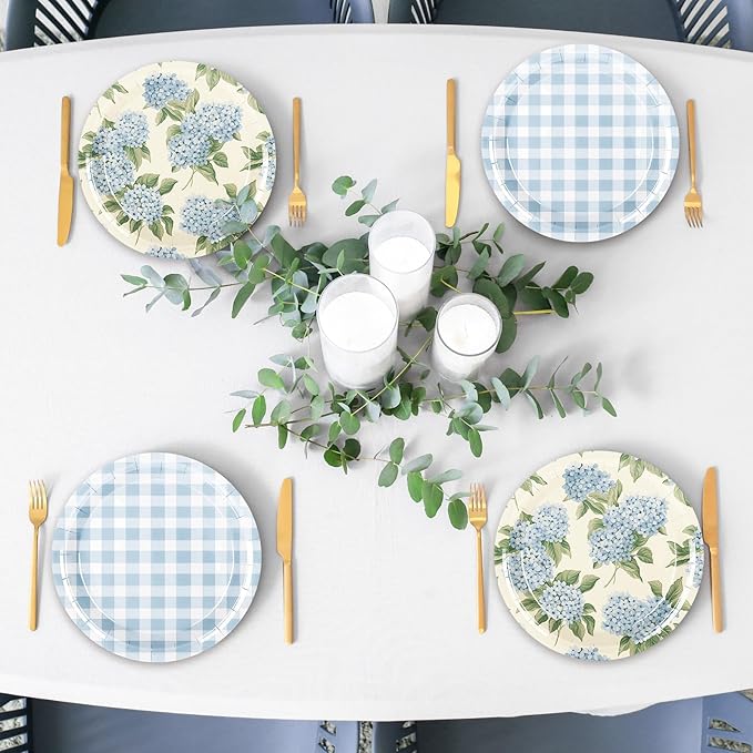 Whaline 40Pcs Hydrangea Plaid Paper Plate Blue And White Floral Disposable Dinner Plate Flower Checkered Tableware For Spring Party Supplies Table Decor, 9 In