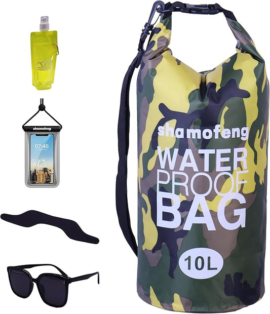 Waterproof Dry Bag Combo 5-30L Roll Top Dry Storage Bag Backpack for Kayaking Boating Beach Camping Travel Fishing, w/Phone Case & Collapsible Water Bottle & Sunglasses & Ear Band,Yellow 10L