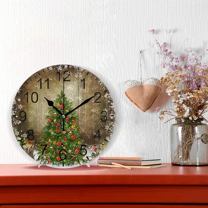 Wamika Wall Clock Christmas Tree Clock Silent Non Ticking Round Wall Clocks Decorative, Winter Rustic Wooden New Year Clocks 10 Inch Battery Operated Quartz Analog Quiet Desk Clock for Home Office