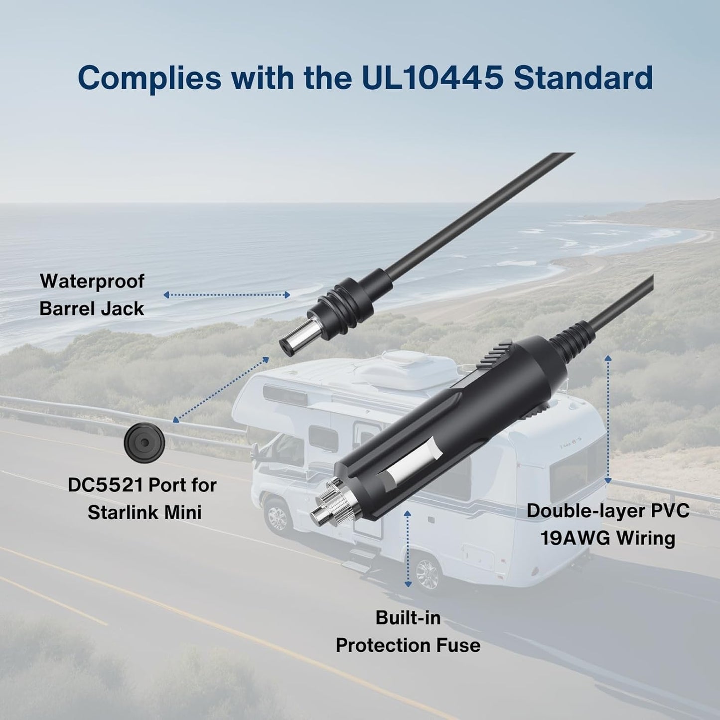 DC to Car Charger Power Cable for Starlink Mini 3M/10FT, 100W 20V/5A Output, Support 12~48V Cigarette Lighter, 19AWG Cord, Waterproof Barrel Jack for Outdoor Use, Car, RV, Truck, Boat