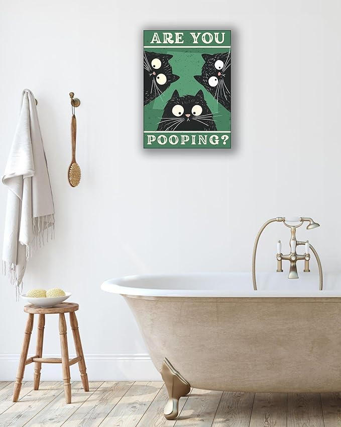 UPWOIGH Bathroom Wall Art Decor, Black Cat Are You Pooping Funny Wall Art, Waterproof Wood Framed Canvas Wall Art Animals Abstract Prints, 12"x16"High-end Pictures for Dormitory Kids Room 1 Pack
