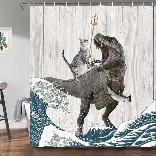 Torich Funny Cat Shower Curtain Set, Cool Cat Dinosaur Japanese Ocean Wave Decor Fabric Bathroom Curtains, Fun Kids Children Animal Rustic Wooden Farmhouse Decor Polyester Fabric 36X72in