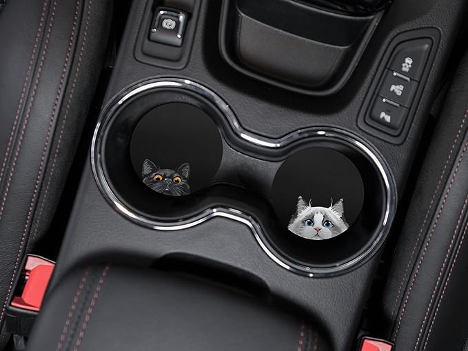 WIRESTER, Black Bombay Kitten Cat, White Silver Point Ragdoll Cat Design Absorbent ROUND Fabric Felt Neoprene Car Coasters for Drinks (2.87 inches), 2pcs Set