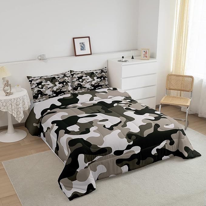 Camouflage Comforter Set Grey Camo Bedding Sets King Size Militarily Army Down Comforter for Boys Teens Men Adult Tie Dye Retro Geometric Warm Soft Quilted Duvet 3Pcs Bedroom Decor, All Season