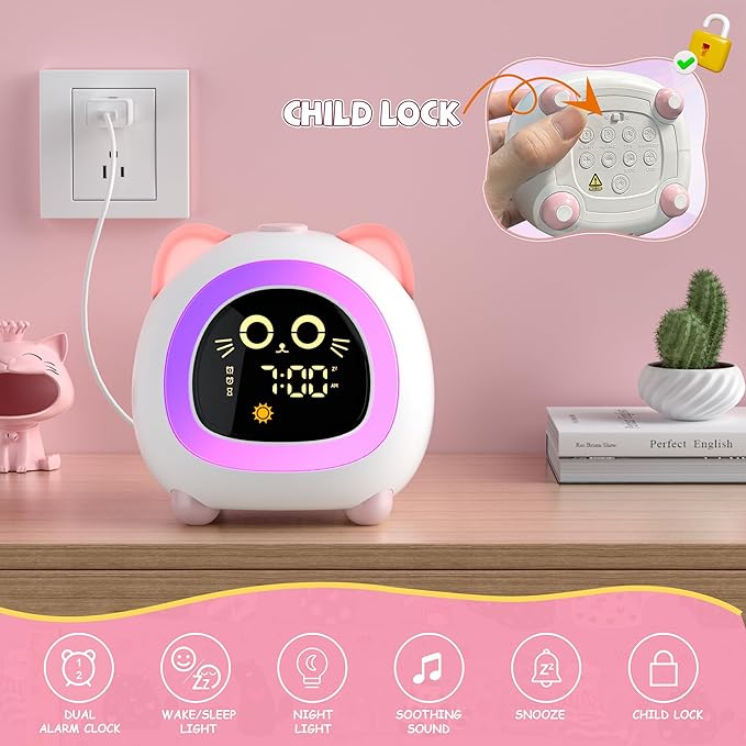winshine Alarm Clock for Kids, OK to Wake Clock, Kids Alarm Clock with Night Light, Stay in Bed Clock Sleep Training, Nap Timer Cute Kids Room Decor, Gift Ideas for Kids Toddler Boy Girl (Pink)