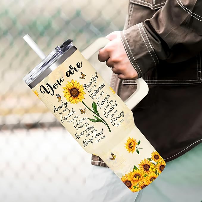 Sunflower Gifts for Women - Christian, Religious Gifts for Women - Encouragement Gift for Woman on Birthday, Mothers Day, Christmas - Sunflower Tumbler 40 oz with Handle & Straw