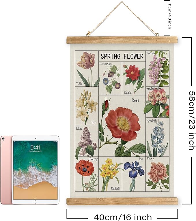 Vintage Spring Flower Poster Print, Botanical Educational Illustration, Rustic Wooden Hanger Frame, Linen Canvas Wall Art Decor, Farmhouse Cottagecore Style for Living Room Bedroom Office (16" x 23")