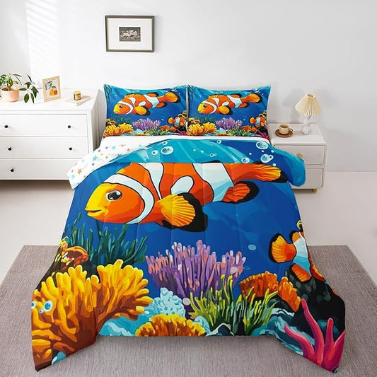 Tropical Fish Comforter Set Queen Size,Colorful Underwater World Bedding Set,Coral Fish Ocean Life Quilt Set for Kids Girls Boys Teens Room Decor,Hawaii Sea Style Duvet Insert,2 Pillowcases