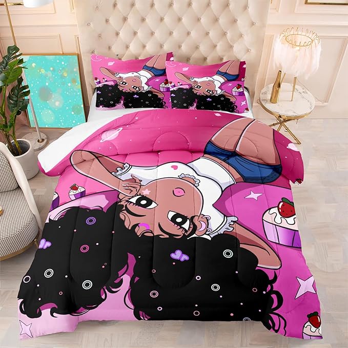 Black Girl Comforter Set Queen Bed Bedding Cute Teenage Girl Bedding Pink African American Pattern Soft Microfiber 3 Piece Quilt Set, 1 Comforter + 2 Pillowcase